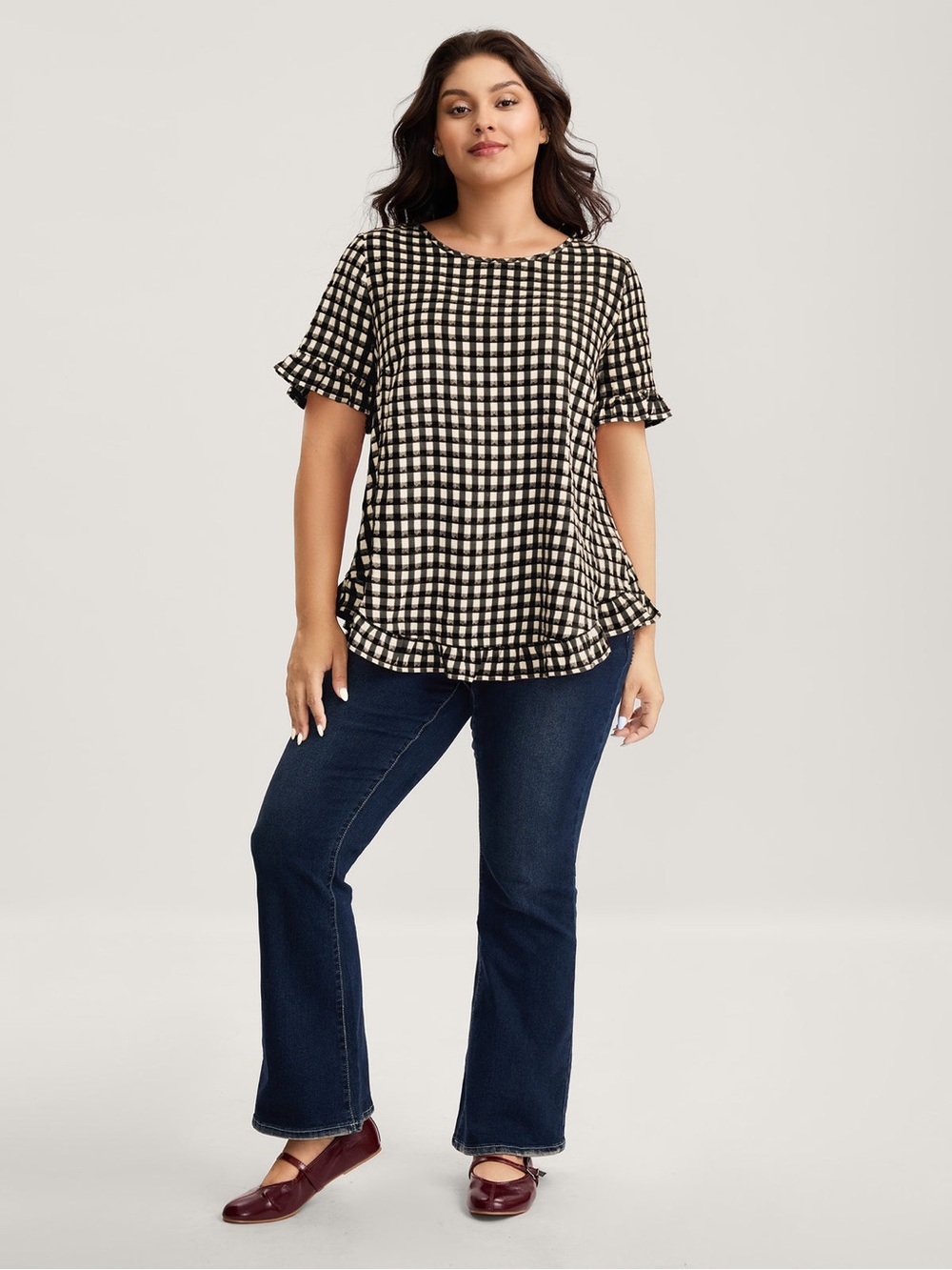 BloomChic Black & White Gingham Ruffle Button-Back Top - Picture 3 of 7